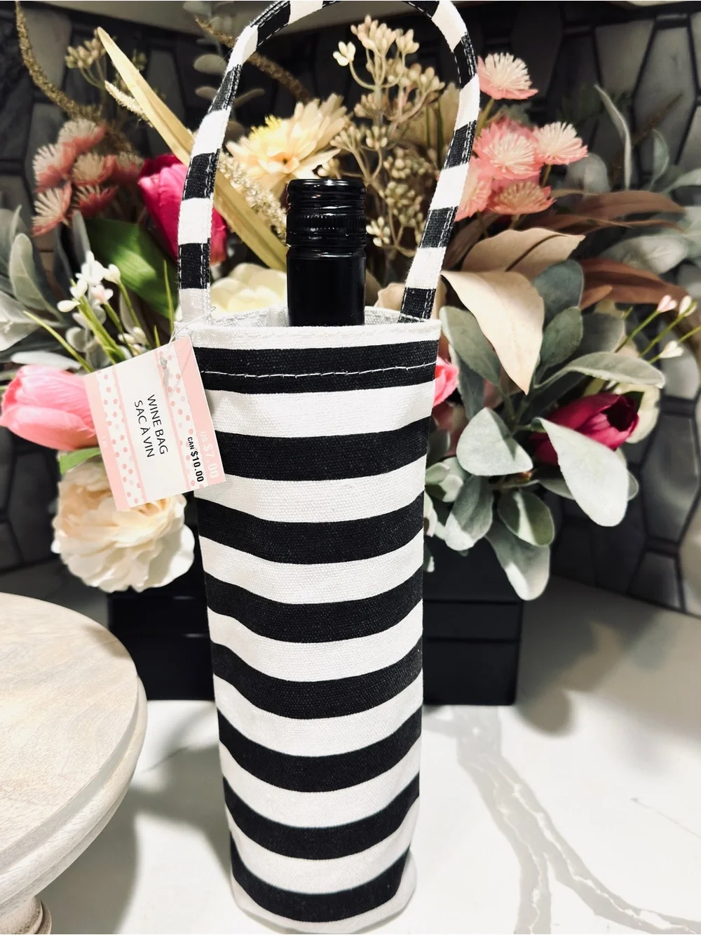 Striped Black & White Party Wine Reusable Bottle Tote Bags & Flasks– Set of 7